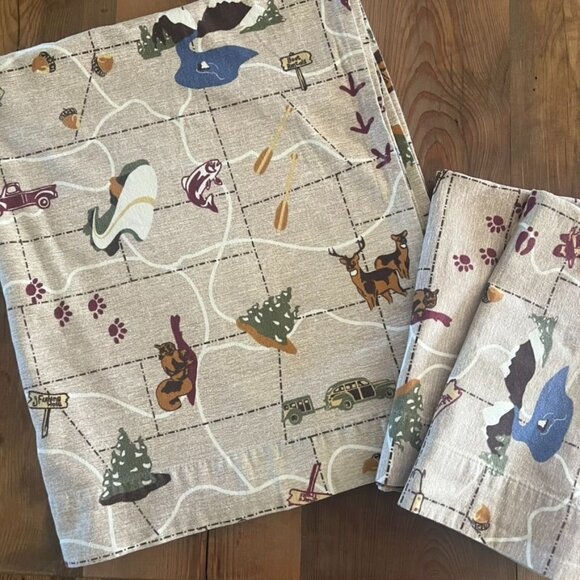Vtg Mervyns 72" Flannel Sheet & 2 Pillowcases Funny Park Camping Design Turkey - Picture 1 of 3
